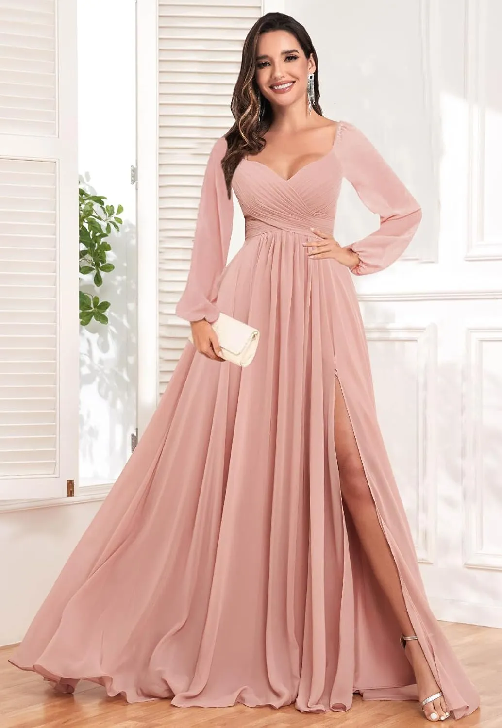 VGZ Long Sleeve Chiffon Bridesmaid Dresses for Women V Neck A Line Ruched Formal Evening Gown with Slit