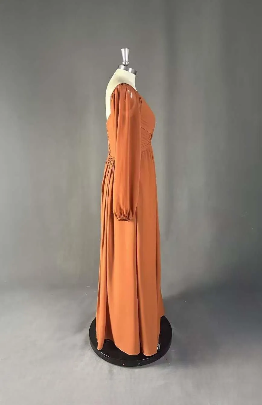 VGZ Long Sleeve Chiffon Bridesmaid Dresses for Women V Neck A Line Ruched Formal Evening Gown with Slit
