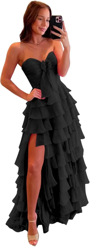 VGZ Tiered Ruffle Prom Dresses for Women Strapless Chiffon Long Formal Evening Gown with Bow Slit