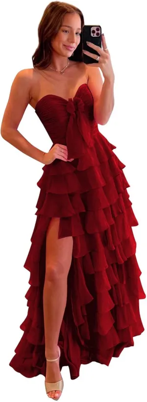 VGZ Tiered Ruffle Prom Dresses for Women Strapless Chiffon Long Formal Evening Gown with Bow Slit