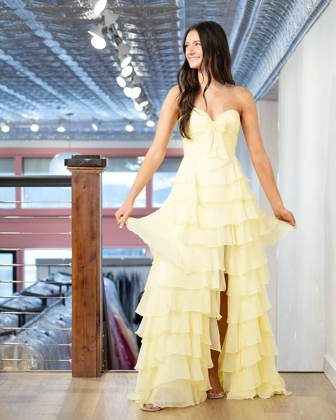 VGZ Tiered Ruffle Prom Dresses for Women Strapless Chiffon Long Formal Evening Gown with Bow Slit