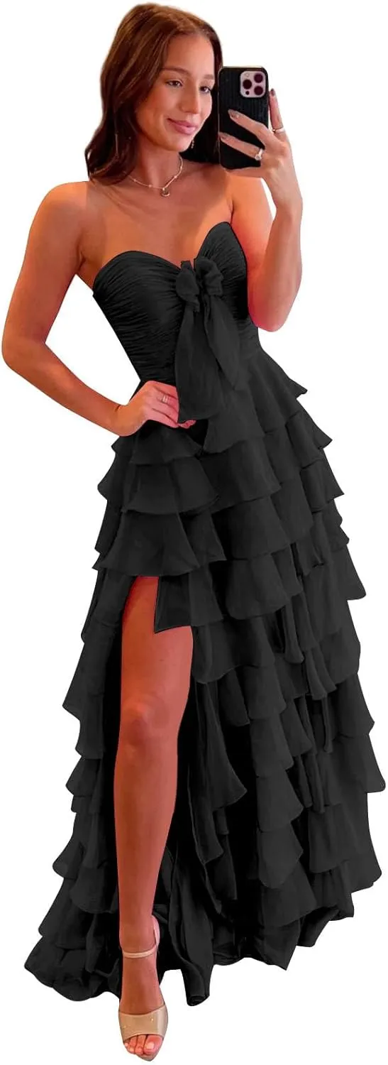 VGZ Tiered Ruffle Prom Dresses for Women Strapless Chiffon Long Formal Evening Gown with Bow Slit