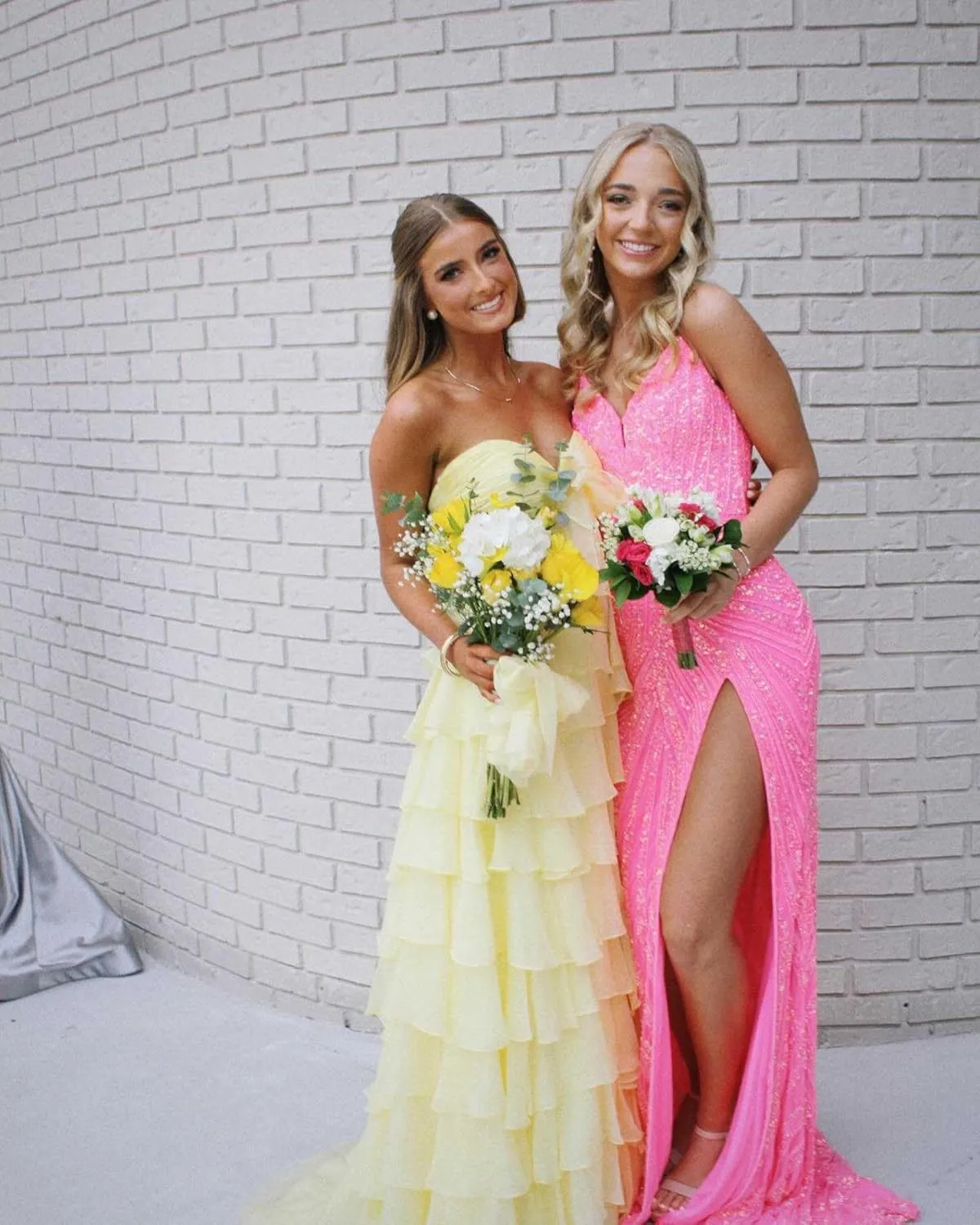 VGZ Tiered Ruffle Prom Dresses for Women Strapless Chiffon Long Formal Evening Gown with Bow Slit