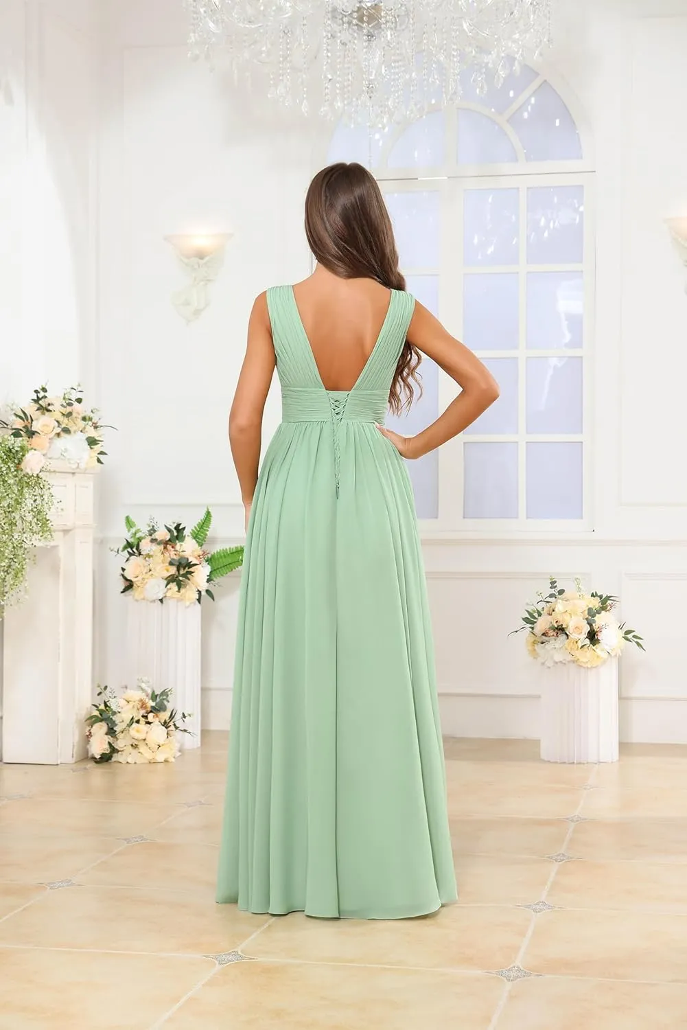 VGZ Women's Chiffon Bridesmaid Dresses V Neck Wedding Guest Dress with Slit Long A Line Formal Gown