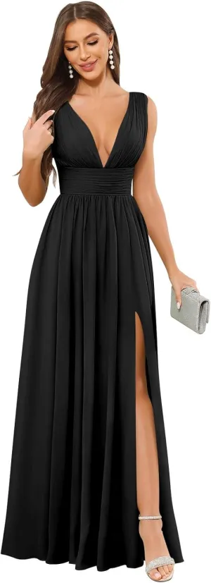 VGZ Women's Chiffon Bridesmaid Dresses V Neck Wedding Guest Dress with Slit Long A Line Formal Gown