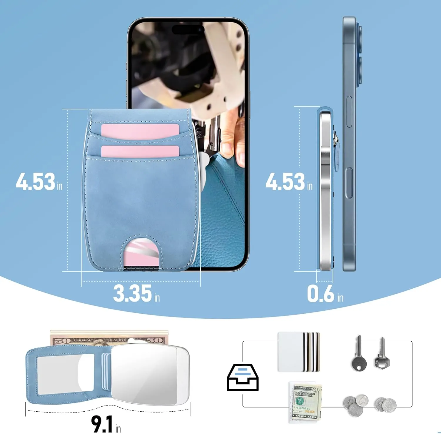 Wallet Women RFID Blocking Wallet with ID Windows, Pop-up Case, Cash Slot, Credit Card Minimalist Wallet with Mirror and Coin Pocket (Dreamy blue)