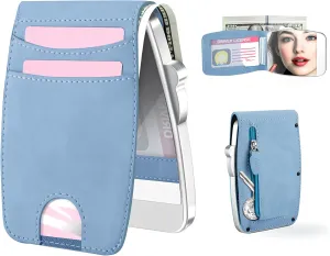 Wallet Women RFID Blocking Wallet with ID Windows, Pop-up Case, Cash Slot, Credit Card Minimalist Wallet with Mirror and Coin Pocket (Dreamy blue)