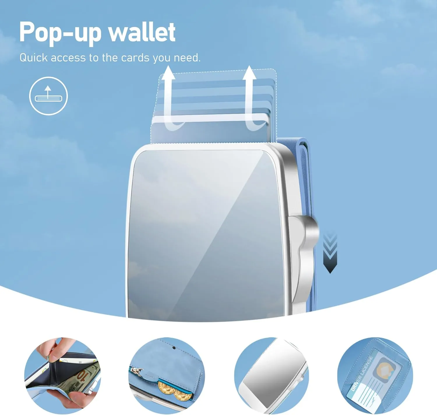 Wallet Women RFID Blocking Wallet with ID Windows, Pop-up Case, Cash Slot, Credit Card Minimalist Wallet with Mirror and Coin Pocket (Dreamy blue)