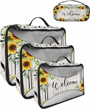 Watercolor Sunflower Green Leaves 4 Set Packing Cubes, Vintage Wood Grain Packing Cubes for Carry on Suitcase Travel Essential Bag for Clothes Shoes Cosmetics Toiletry