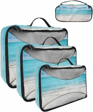 Watercolor Teal Blue Ocean Waves 4 Set Packing Cubes, Summer Seaside Beach Packing Cubes for Carry on Suitcase Travel Essential Bag for Clothes Shoes Cosmetics Toiletry
