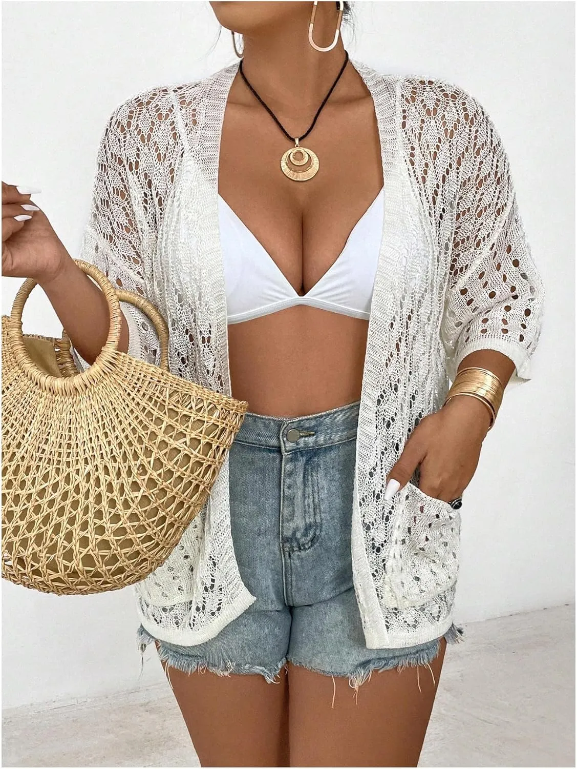 WDIRARA Women's Plus Size Hollow Out Cardigan Drop Shoulder Half Sleeve Open Front Crochet Cardigan Crop Top