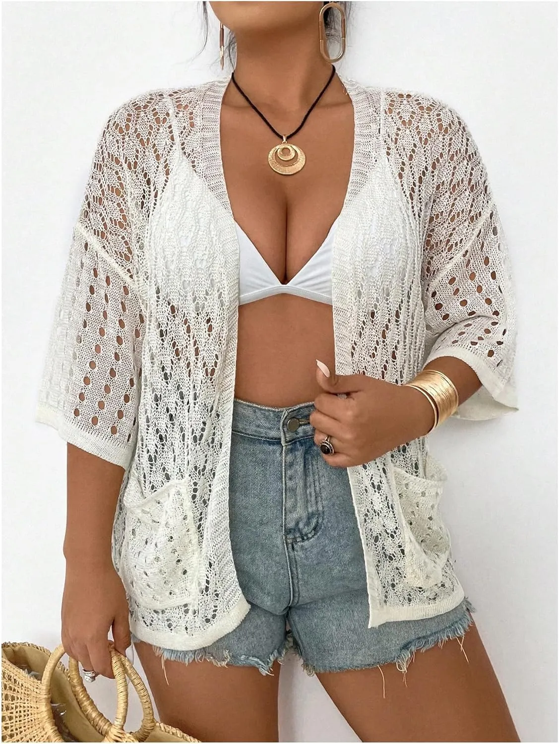 WDIRARA Women's Plus Size Hollow Out Cardigan Drop Shoulder Half Sleeve Open Front Crochet Cardigan Crop Top
