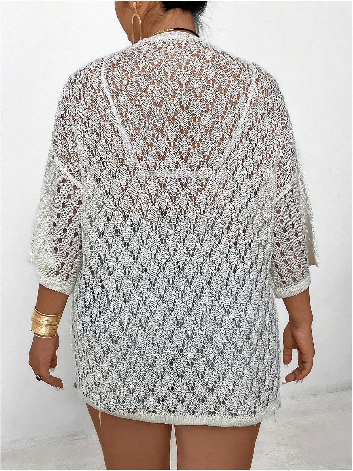 WDIRARA Women's Plus Size Hollow Out Cardigan Drop Shoulder Half Sleeve Open Front Crochet Cardigan Crop Top