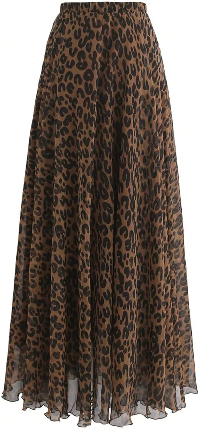 WDIRARA Women's Plus Size Leopard Print Pleated Long Skirts High Waist Y2k Flowy Chiffon Skirts