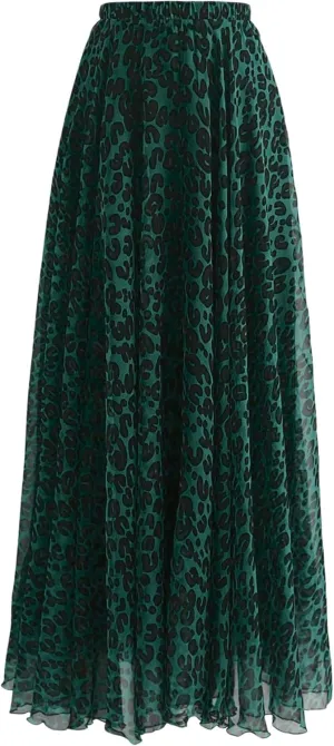 WDIRARA Women's Plus Size Leopard Print Pleated Long Skirts High Waist Y2k Flowy Chiffon Skirts