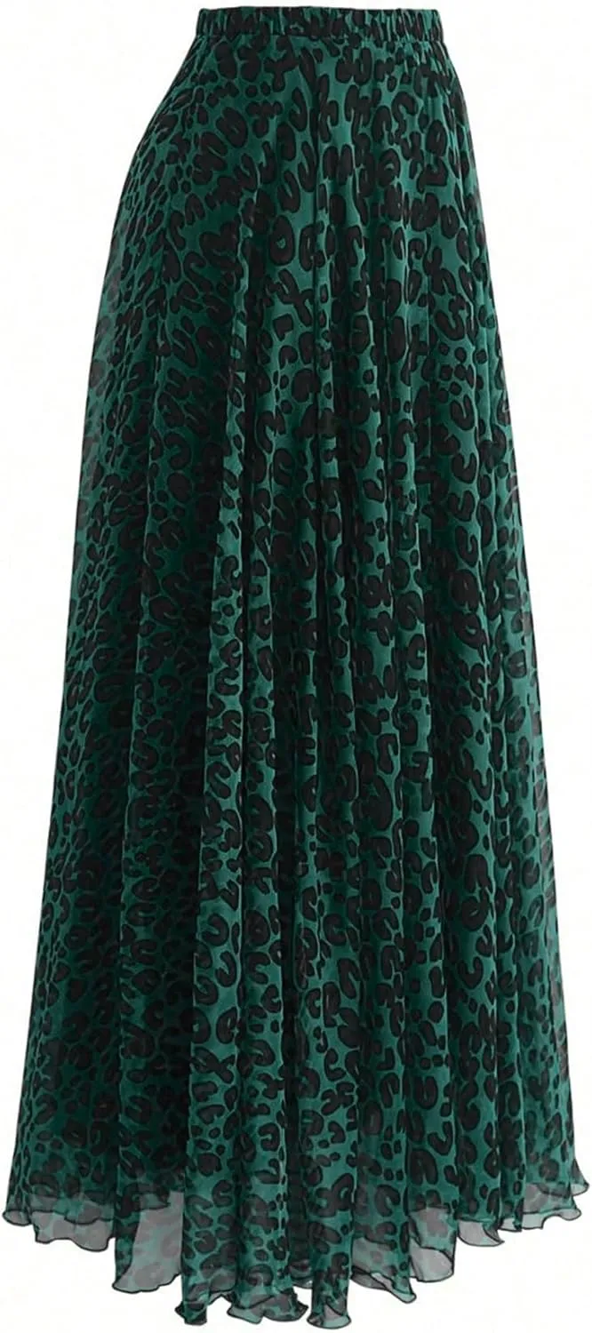 WDIRARA Women's Plus Size Leopard Print Pleated Long Skirts High Waist Y2k Flowy Chiffon Skirts