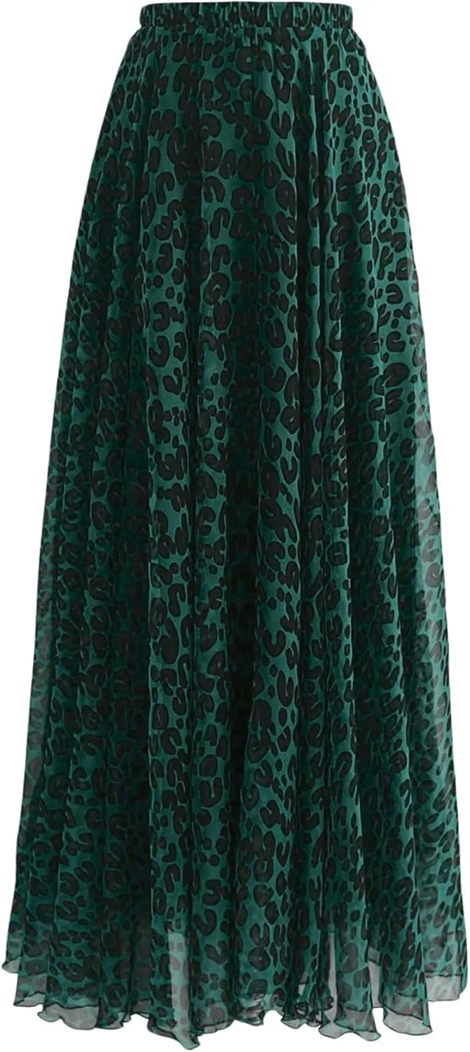 WDIRARA Women's Plus Size Leopard Print Pleated Long Skirts High Waist Y2k Flowy Chiffon Skirts