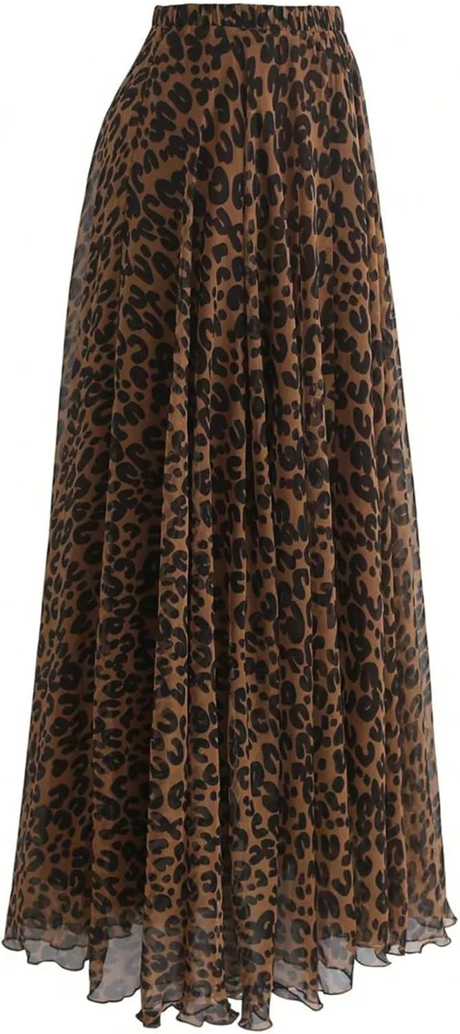 WDIRARA Women's Plus Size Leopard Print Pleated Long Skirts High Waist Y2k Flowy Chiffon Skirts