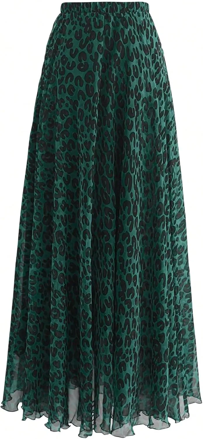 WDIRARA Women's Plus Size Leopard Print Pleated Long Skirts High Waist Y2k Flowy Chiffon Skirts
