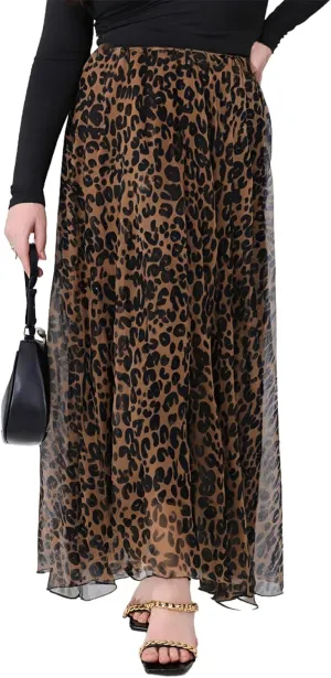 WDIRARA Women's Plus Size Leopard Print Pleated Long Skirts High Waist Y2k Flowy Chiffon Skirts