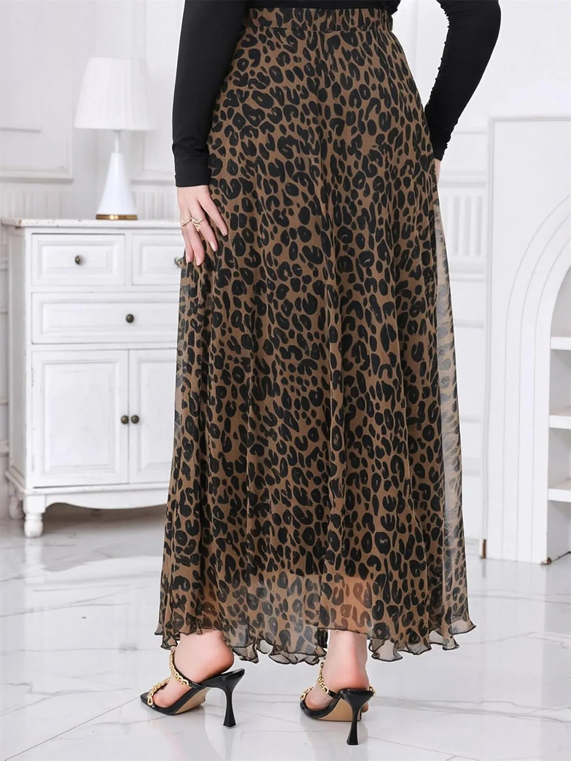 WDIRARA Women's Plus Size Leopard Print Pleated Long Skirts High Waist Y2k Flowy Chiffon Skirts