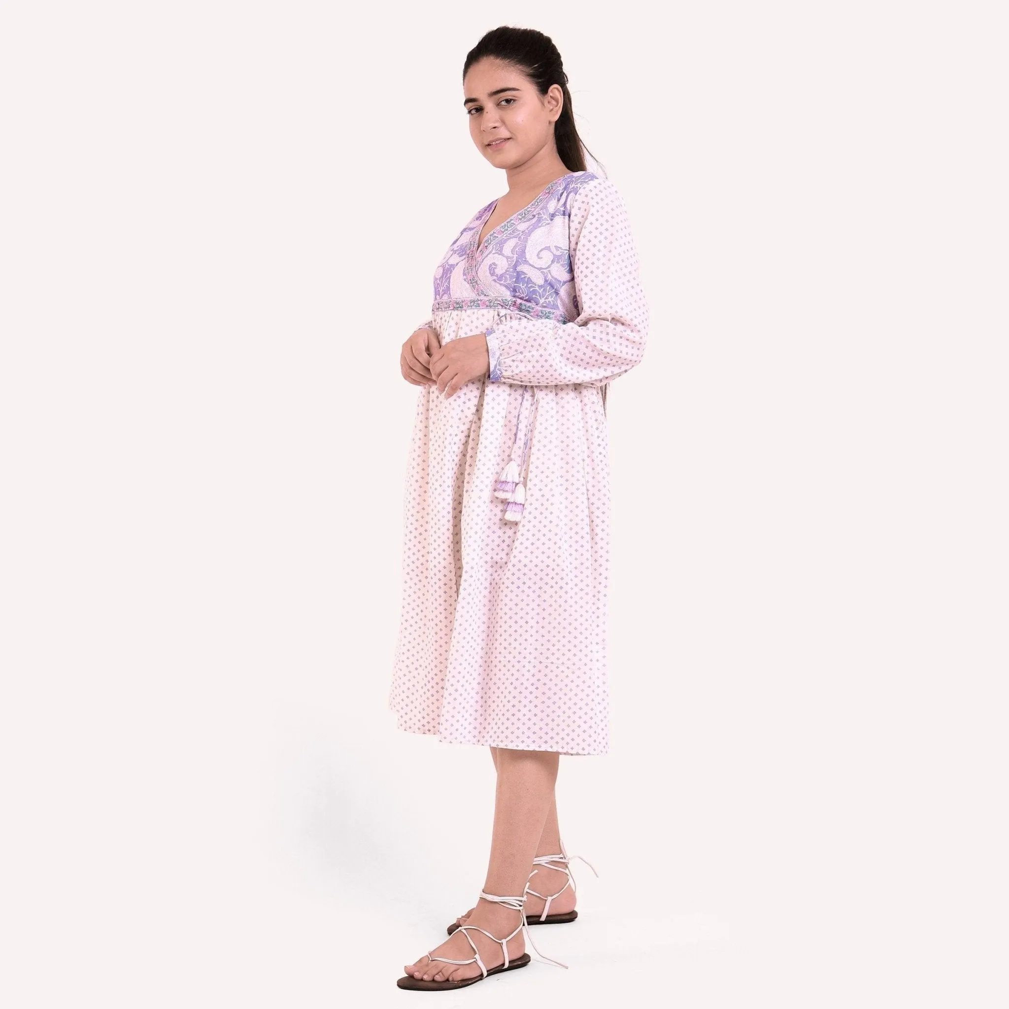 White Block Printed Cotton Knee Length Wrap Dress