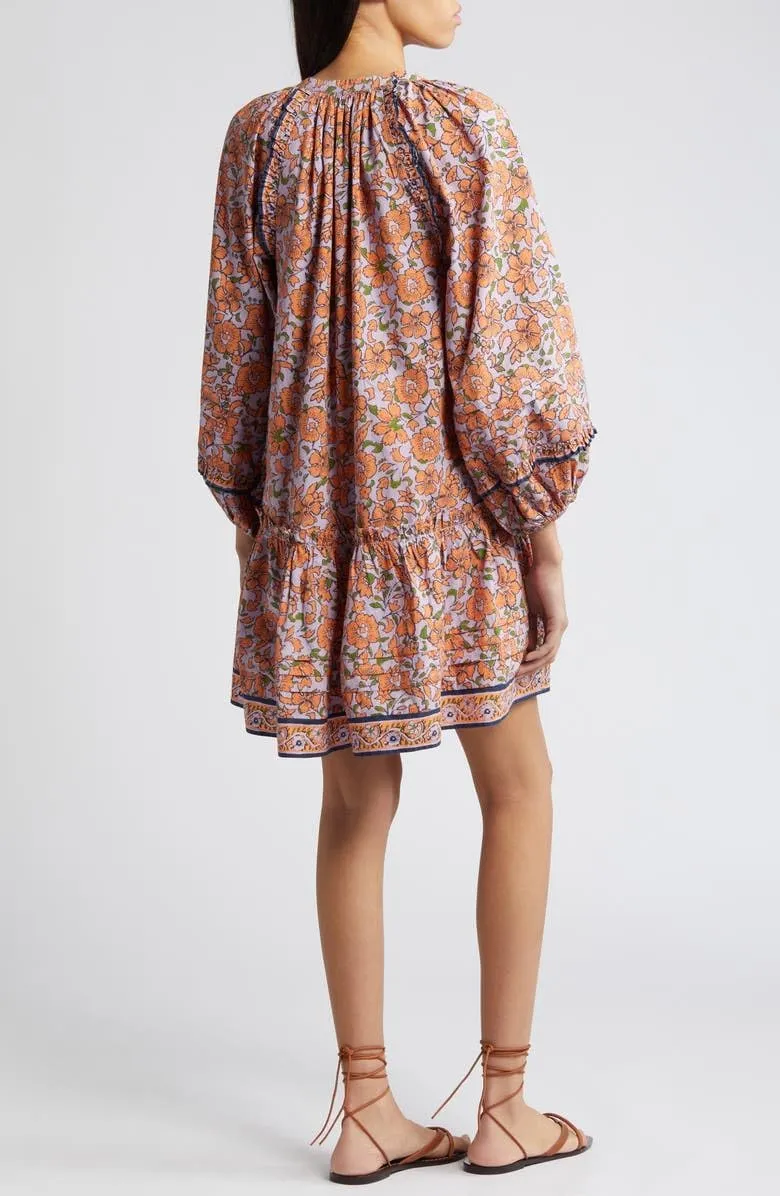 Women Bohemian Floral Mini Dress Puff Sleeve Flowy Babydoll Dress V Neck Y2k Boho Summer Beach Sundress