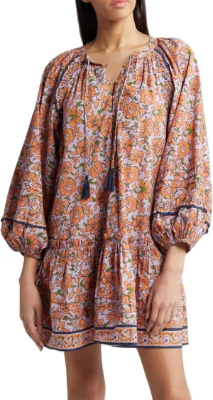Women Bohemian Floral Mini Dress Puff Sleeve Flowy Babydoll Dress V Neck Y2k Boho Summer Beach Sundress