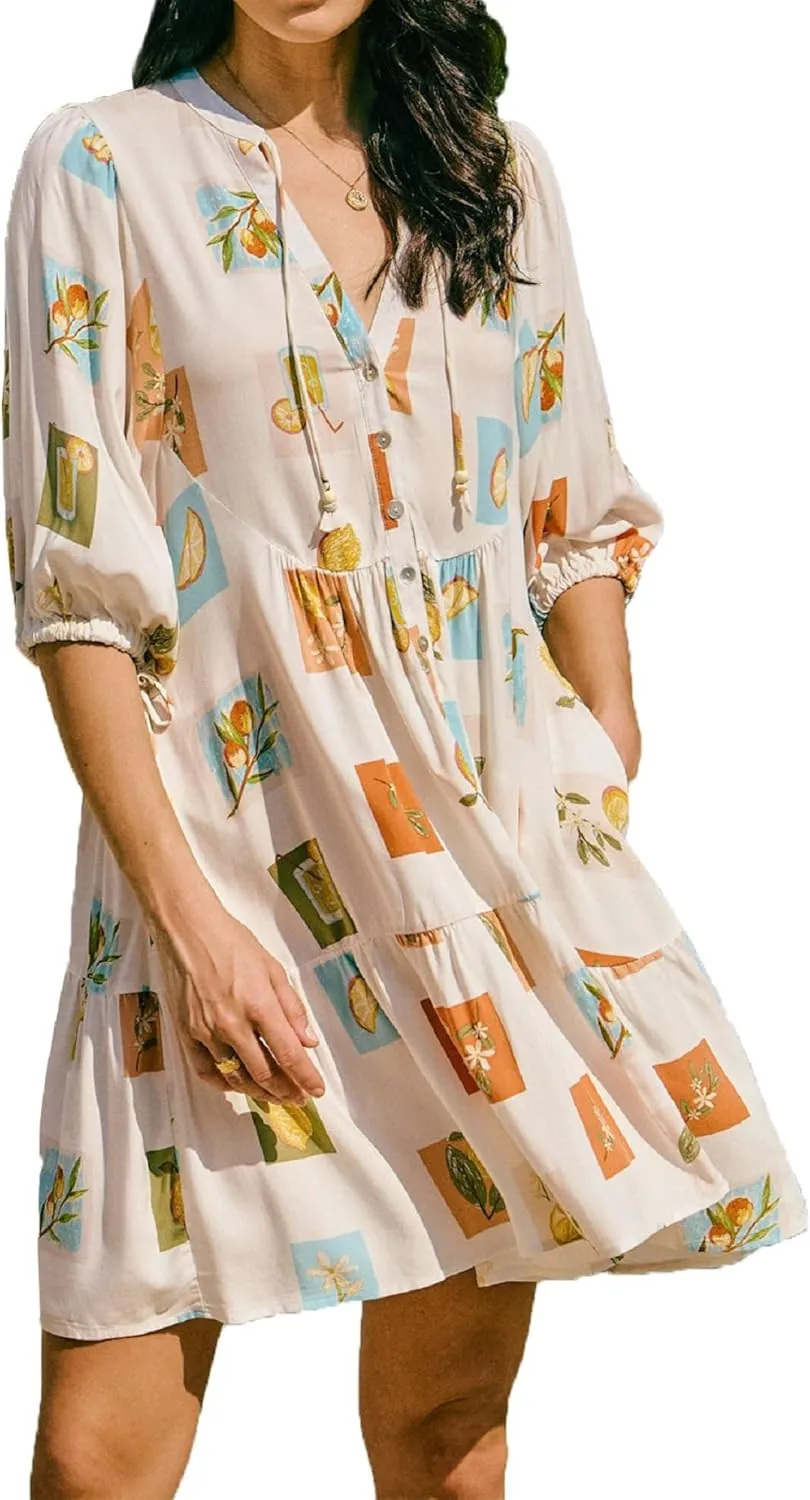 Women Bohemian Floral Mini Dress Puff Sleeve Flowy Babydoll Dress V Neck Y2k Boho Summer Beach Sundress