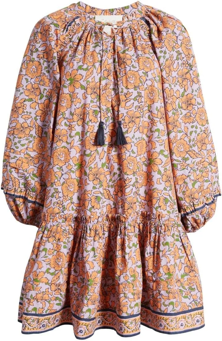 Women Bohemian Floral Mini Dress Puff Sleeve Flowy Babydoll Dress V Neck Y2k Boho Summer Beach Sundress