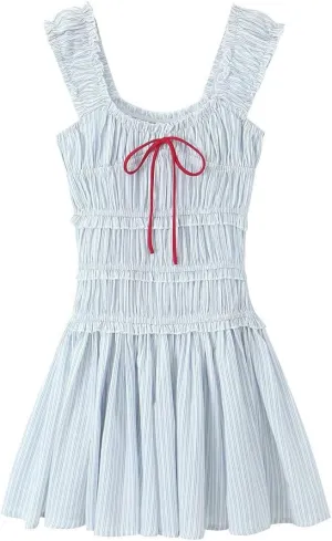 Women Coquette Bow Tie Front Mini Dress Y2K Cute Strip A Line Short Sundress Summer Aesthetic Ruffle Beach Sundress