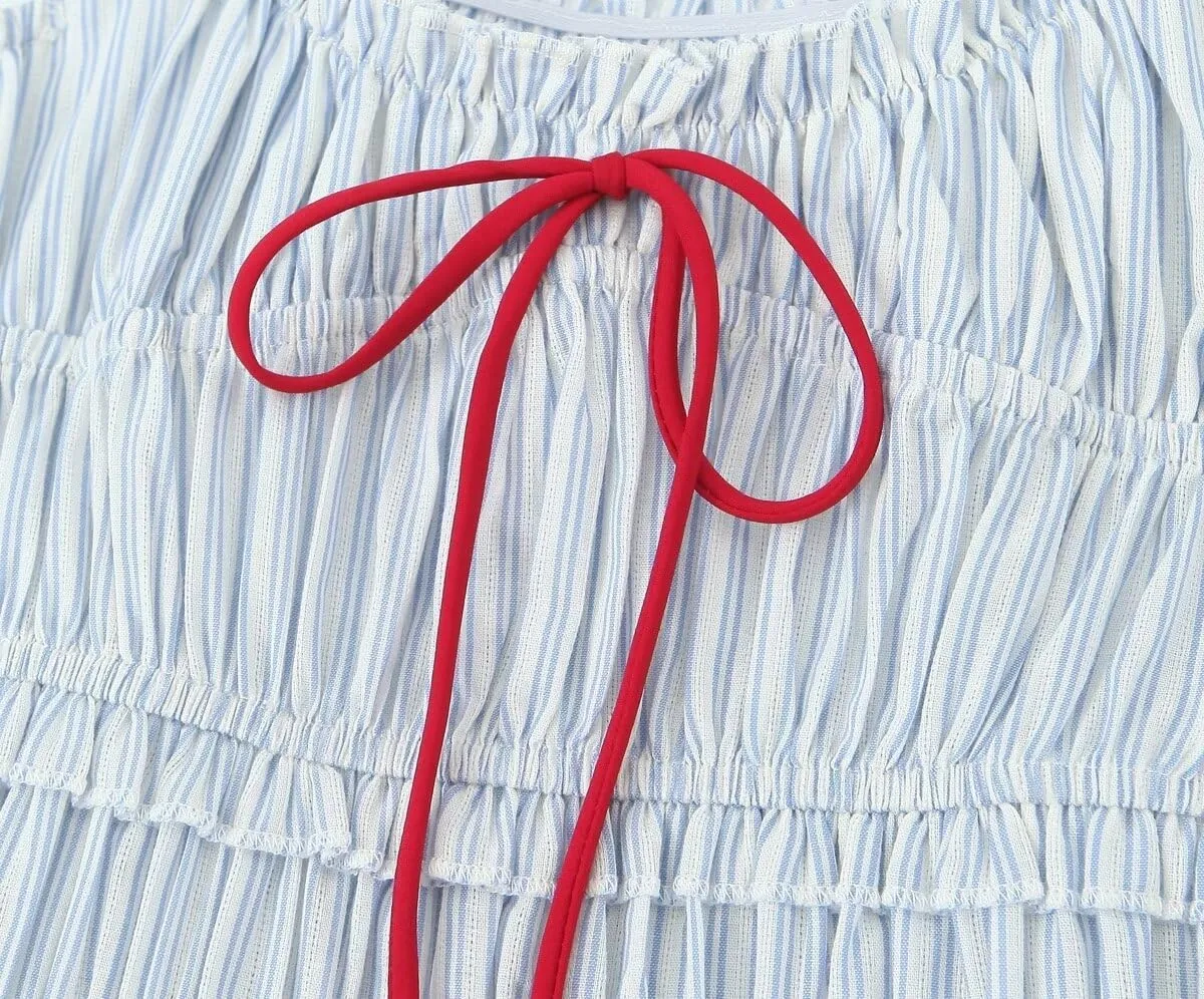 Women Coquette Bow Tie Front Mini Dress Y2K Cute Strip A Line Short Sundress Summer Aesthetic Ruffle Beach Sundress