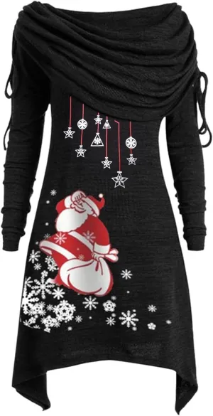 Women Dresses Christmas Printed Casual Full Sleeve Foldover Off The Shoulder Pleated Collar Drawstring Dress Plus Size