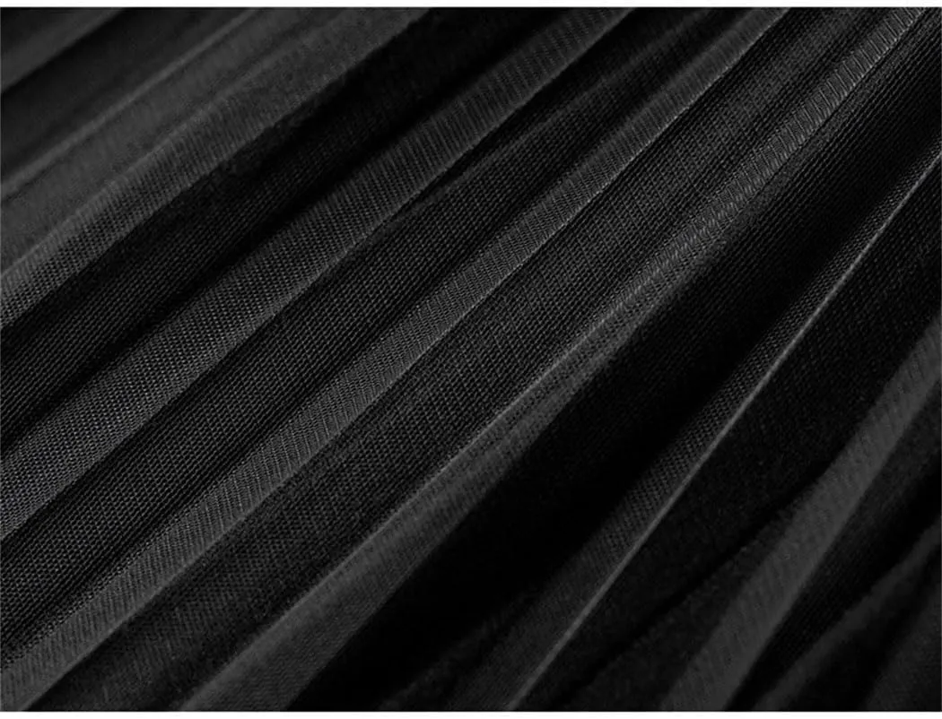 Women Fashion Pleated A-Line Skirt for Spring-Autumn High Waist Midi Skirt Female Patchwork Mesh Skirts