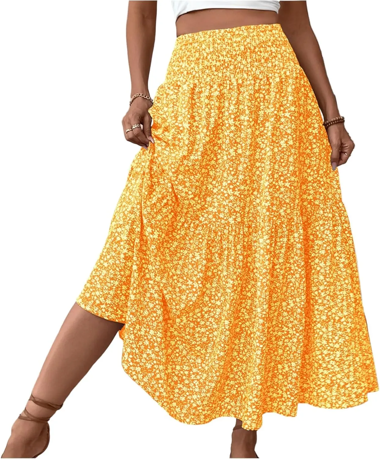 Women Floral Maxi Skirt- Smocked High Waist Cotton Flowy Long Skirts Summer Boho Beach Hawaiian Vacation A Line Skirt