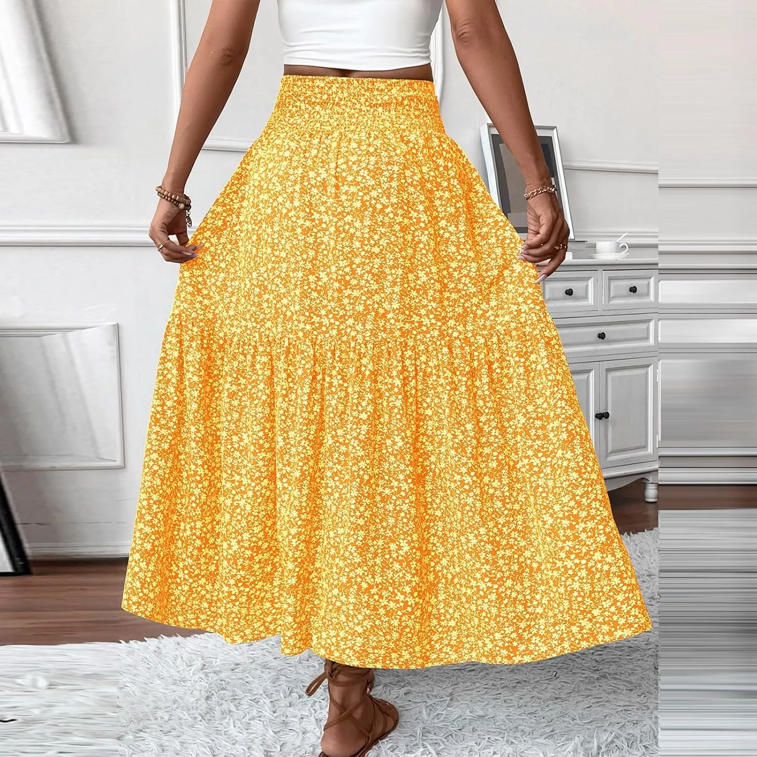 Women Floral Maxi Skirt- Smocked High Waist Cotton Flowy Long Skirts Summer Boho Beach Hawaiian Vacation A Line Skirt