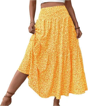 Women Floral Maxi Skirt- Smocked High Waist Cotton Flowy Long Skirts Summer Boho Beach Hawaiian Vacation A Line Skirt