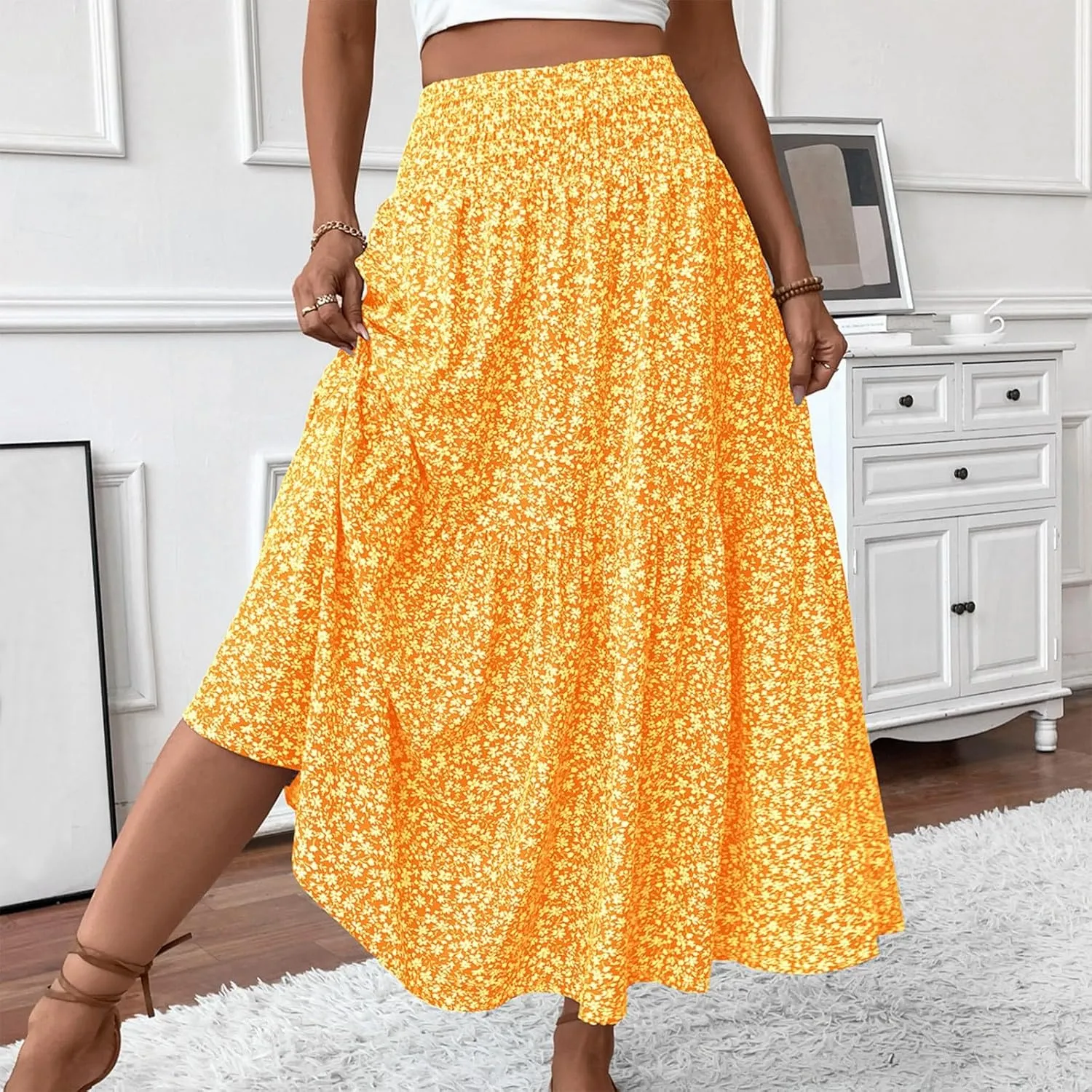 Women Floral Maxi Skirt- Smocked High Waist Cotton Flowy Long Skirts Summer Boho Beach Hawaiian Vacation A Line Skirt