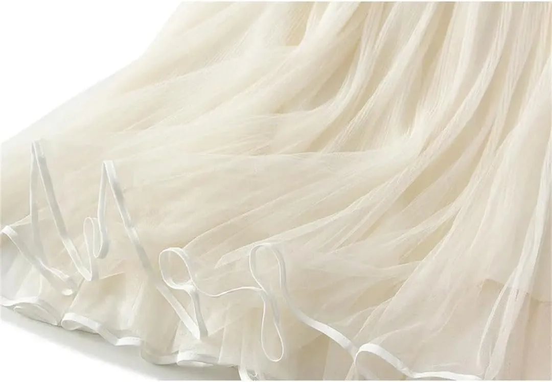 Women Flower Embroidery Tulle Midi Long Skirt Loose High Waist A-Line Mesh Skirts