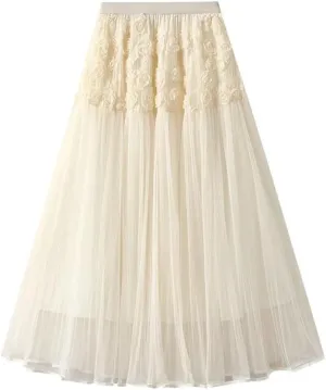 Women Flower Embroidery Tulle Midi Long Skirt Loose High Waist A-Line Mesh Skirts