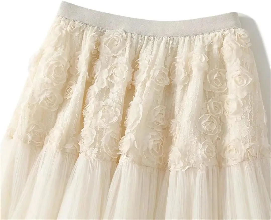 Women Flower Embroidery Tulle Midi Long Skirt Loose High Waist A-Line Mesh Skirts