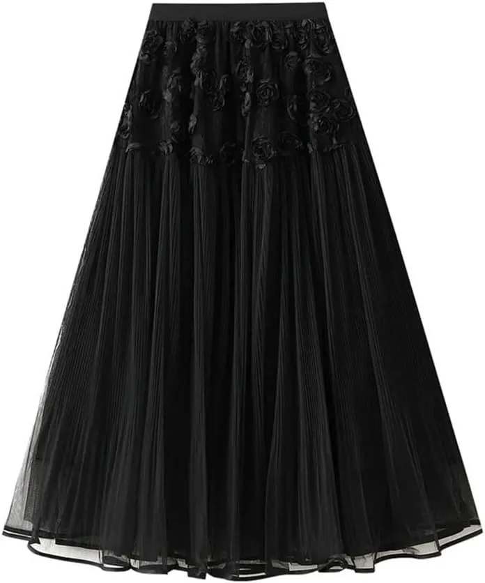 Women Flower Embroidery Tulle Midi Long Skirt Loose High Waist A-Line Mesh Skirts