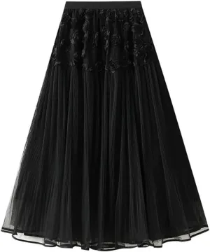 Women Flower Embroidery Tulle Midi Long Skirt Loose High Waist A-Line Mesh Skirts