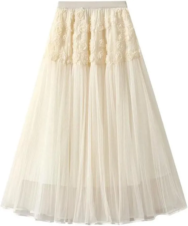 Women Flower Embroidery Tulle Midi Long Skirt Loose High Waist A-Line Mesh Skirts