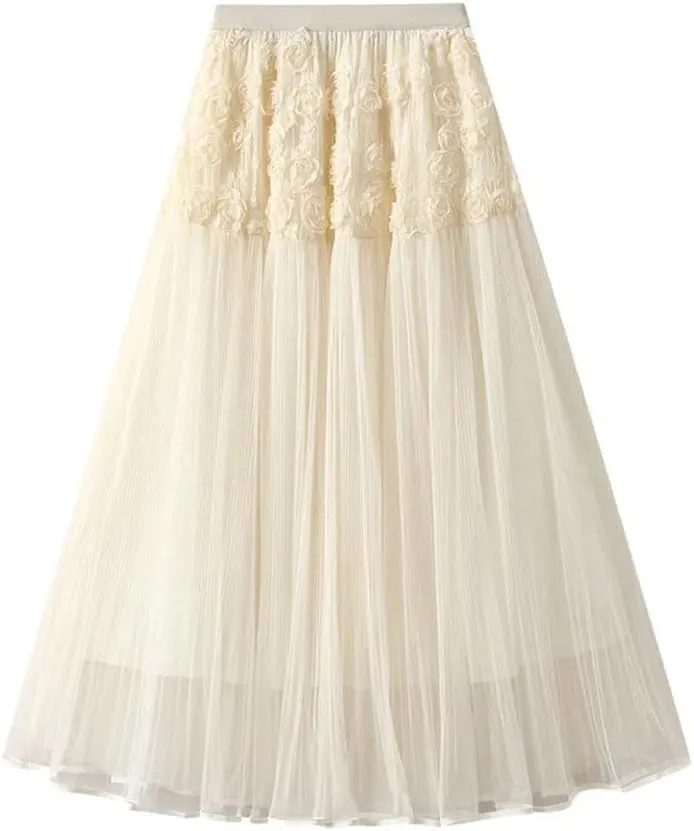 Women Flower Embroidery Tulle Midi Long Skirt Loose High Waist A-Line Mesh Skirts