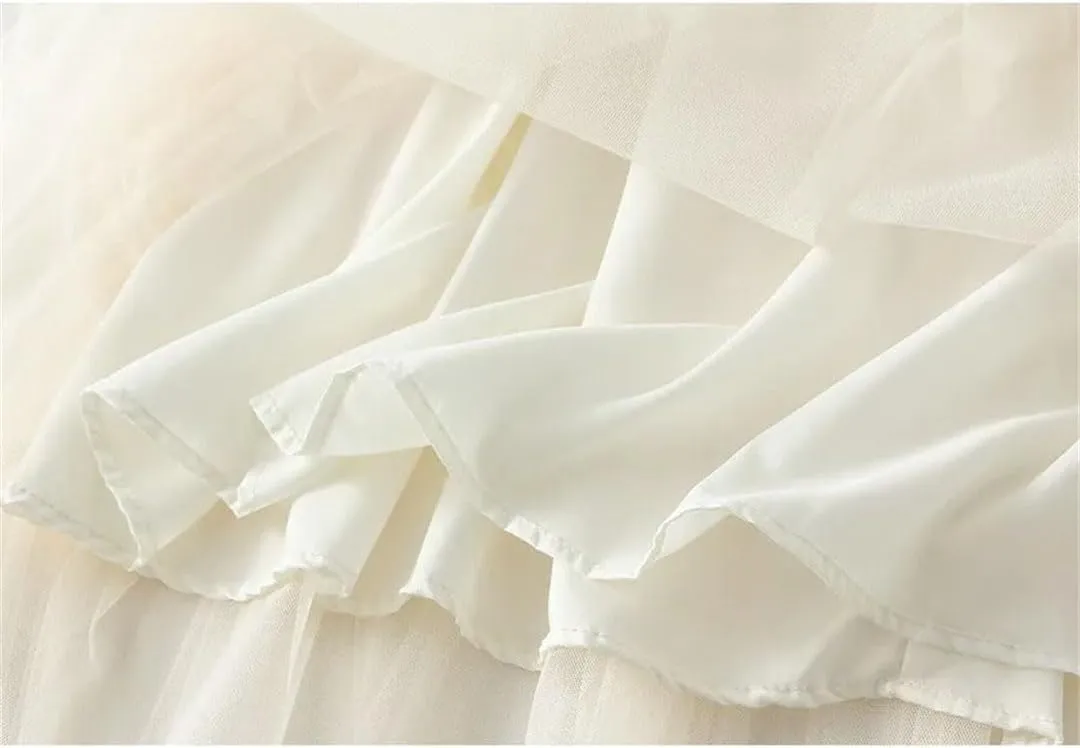 Women Flower Embroidery Tulle Midi Long Skirt Loose High Waist A-Line Mesh Skirts