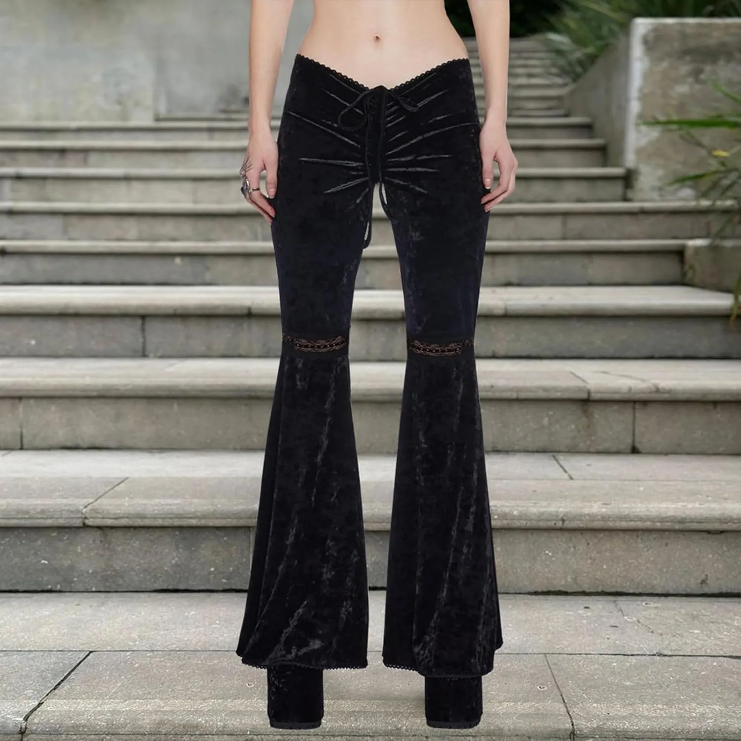 Women High Waist Flare Casual Work Pants Crossover Adjustable Knot Wide Leg Trousers Y2K Bell-Bottoms