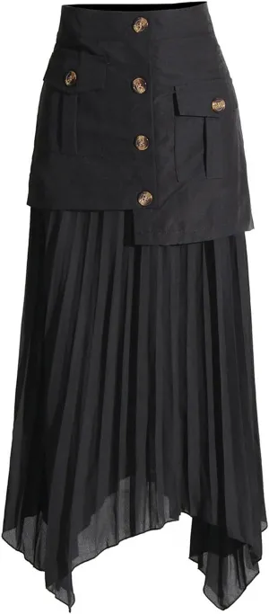 Women High Waist Irregular Solid Color Dressy Chiffon Maxi Skirt Flowy Patchwork A Line Long Pleated Skirt
