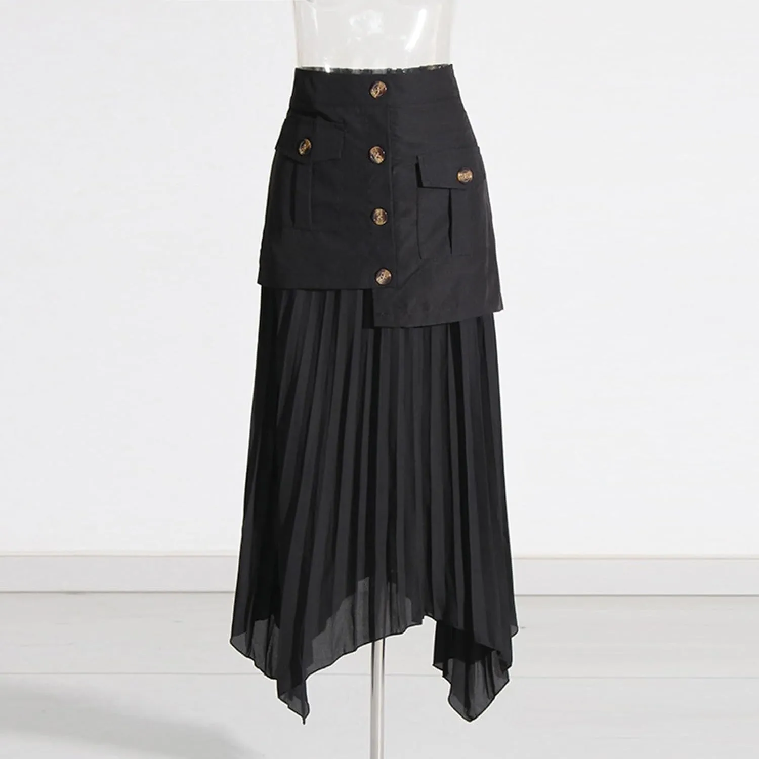 Women High Waist Irregular Solid Color Dressy Chiffon Maxi Skirt Flowy Patchwork A Line Long Pleated Skirt