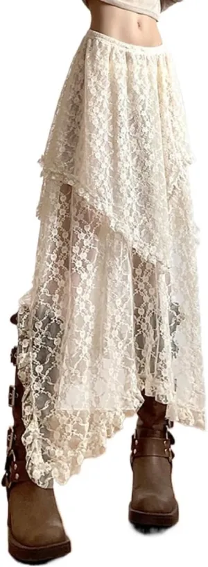 Women Irregular Side Skirt Lace Ruffle Skirt Pleated Long Skirt Low Waisted Y2K Maxi Skirts Casual Mini Skirt